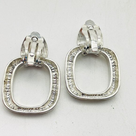 Vintage Hammered Earrings Silver Tone Clip On Geometric Dangle Modern Retro - Picture 3 of 7